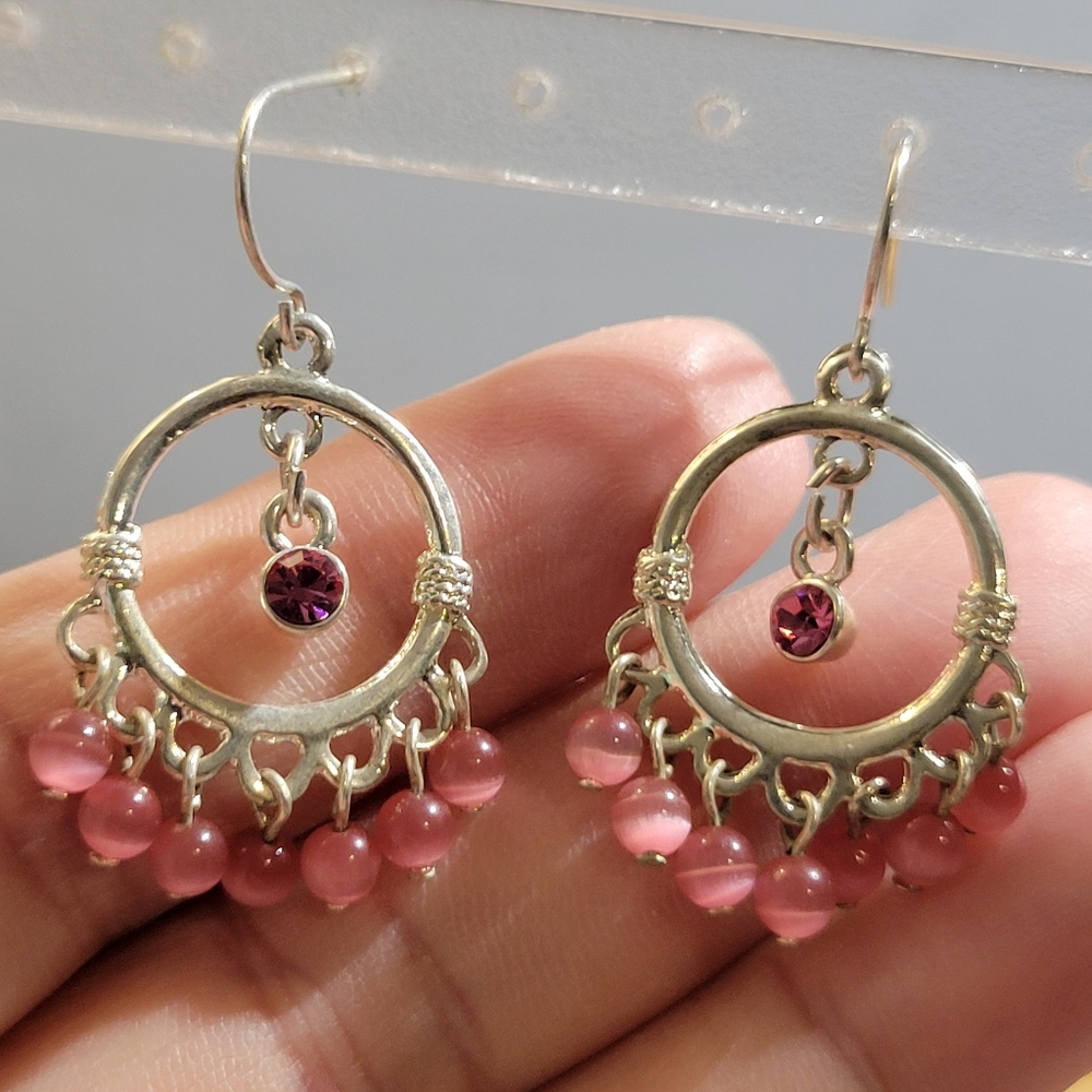 Silver Tone Pink Cats Eye Beaded Chandelier Earrings w/ Hot Pink Rhinestones